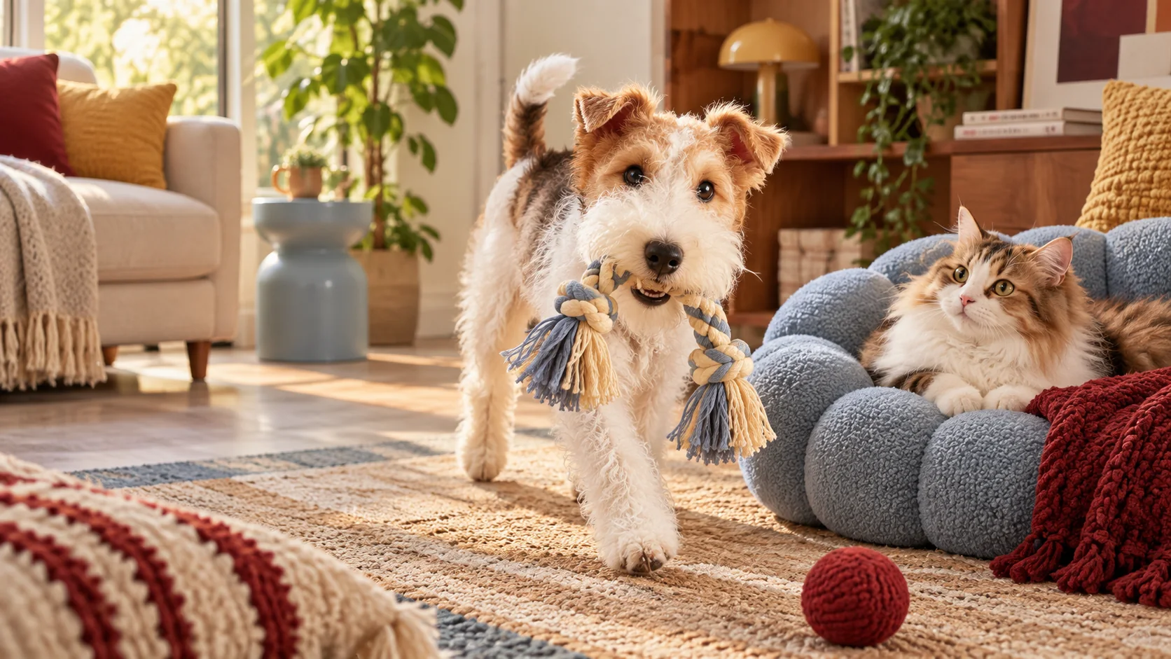 Pets sharing a playful moment at home